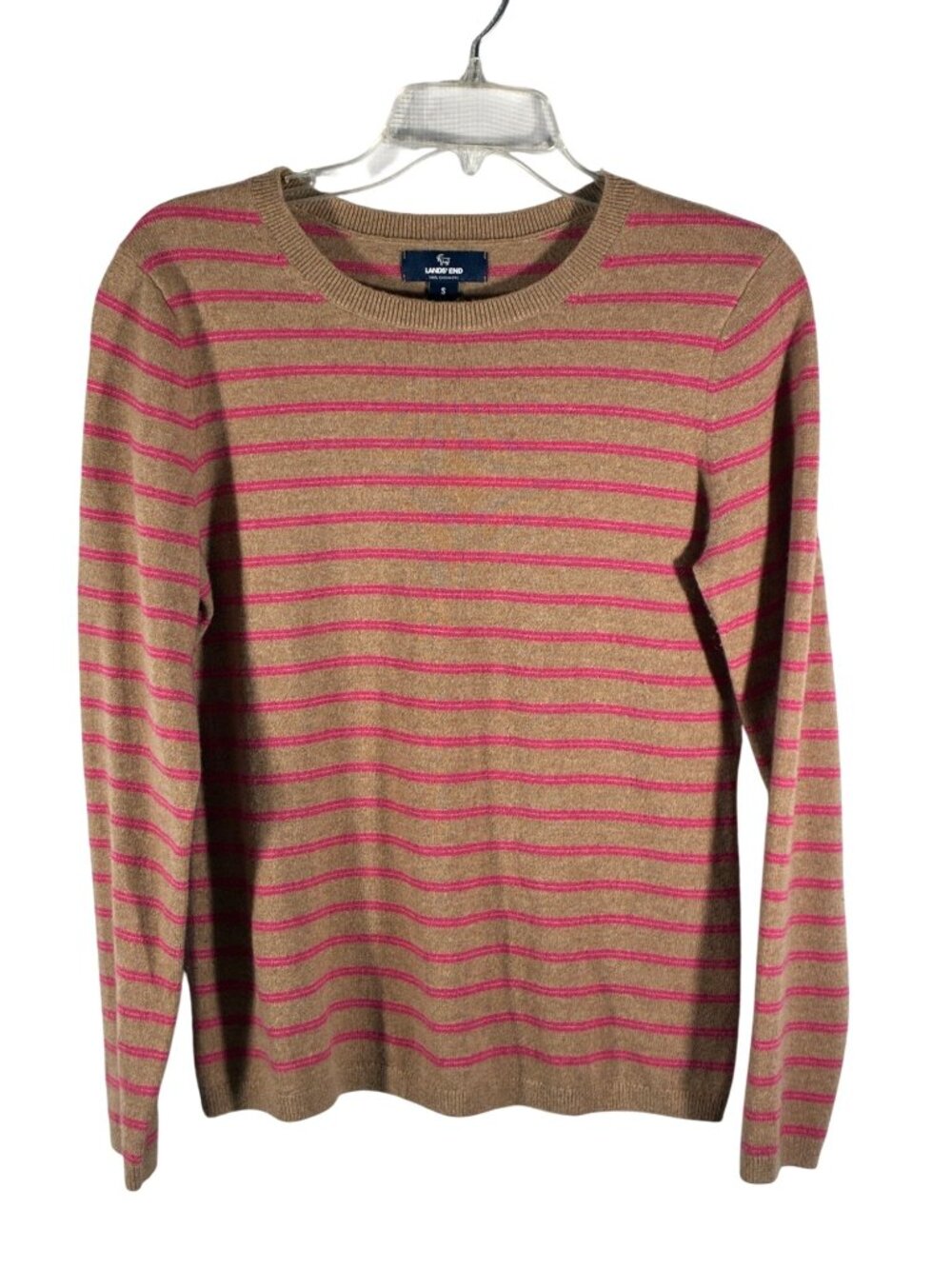 Lands End Womens 100% Cashmere Sweater Beige & Pink Stripe Small Long Sleeve